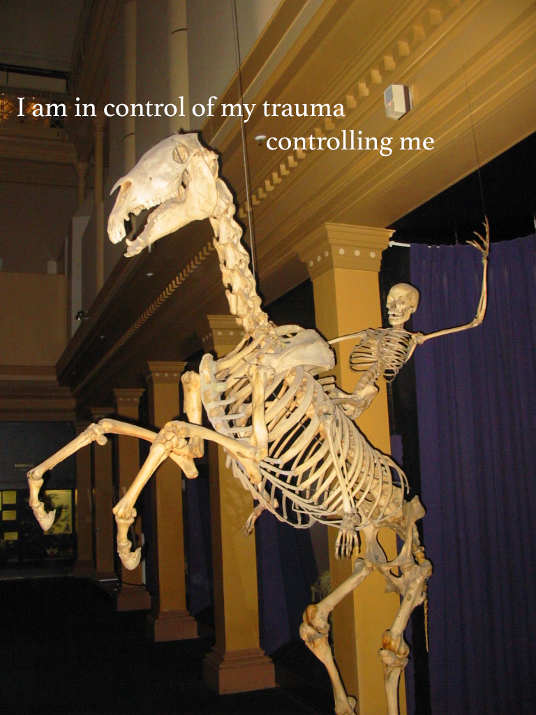 Over a photograph of a skeleton riding a bucking skeleton horse, text reads 'I am in control of my trauma controlling me'